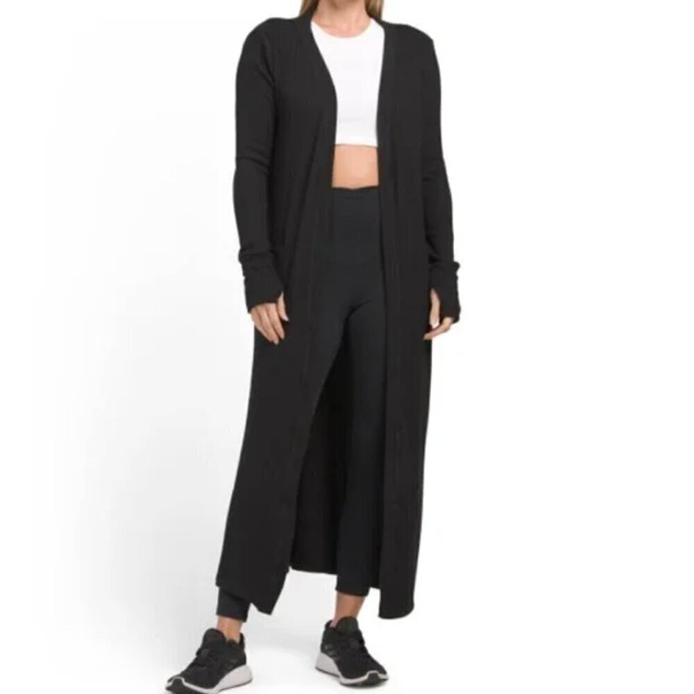 NWT YOGALICIOUS Duster Cardigan Size XS Black Long Ribbed Side Slit